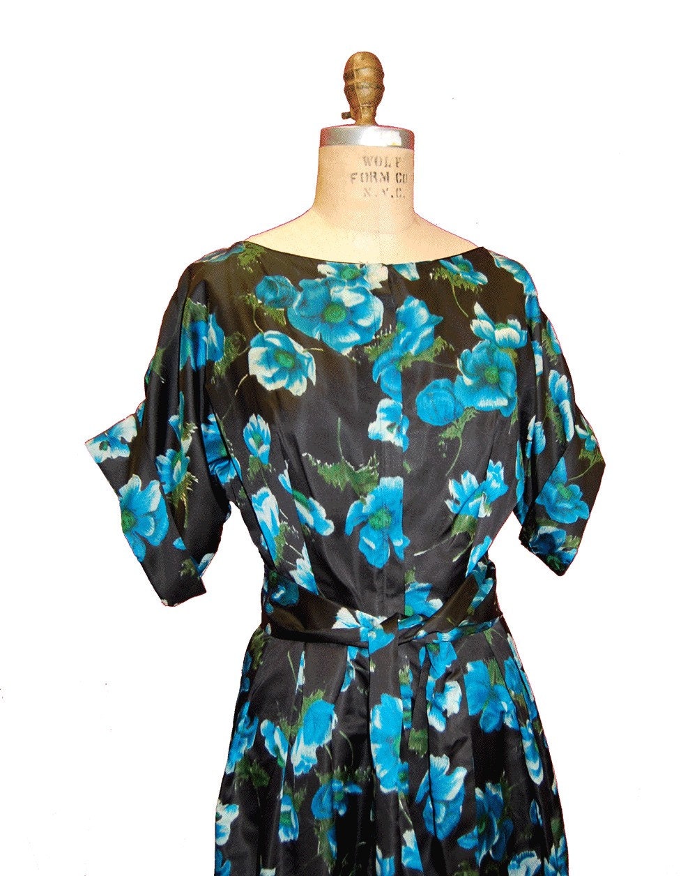 Black/Teal Silk Floral 1950’s Dress with Large Sash