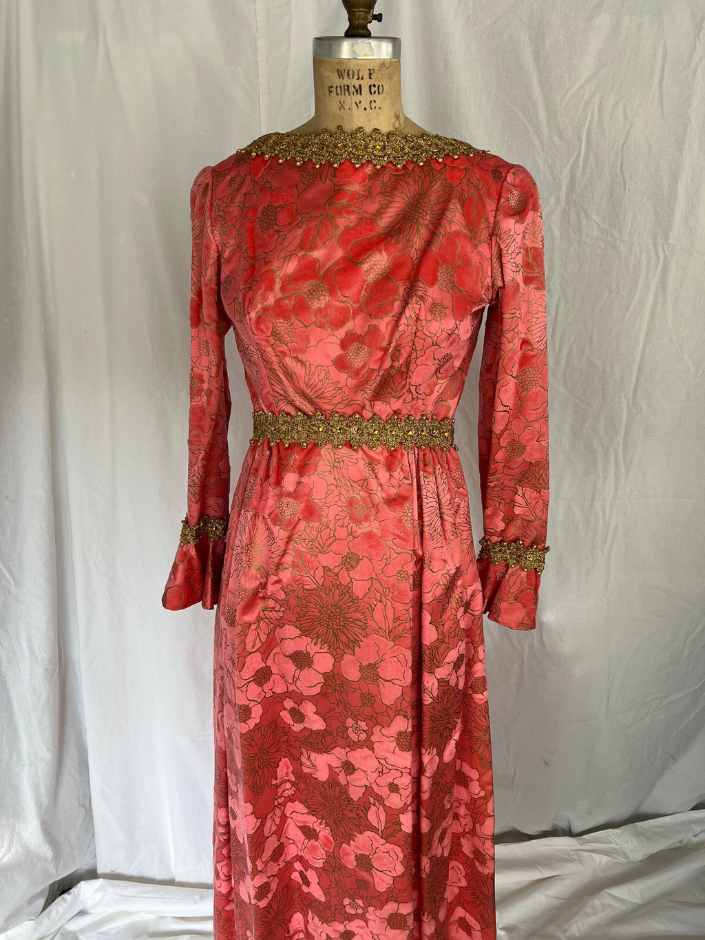 1960s Pink Silk Flocked Evening Gown