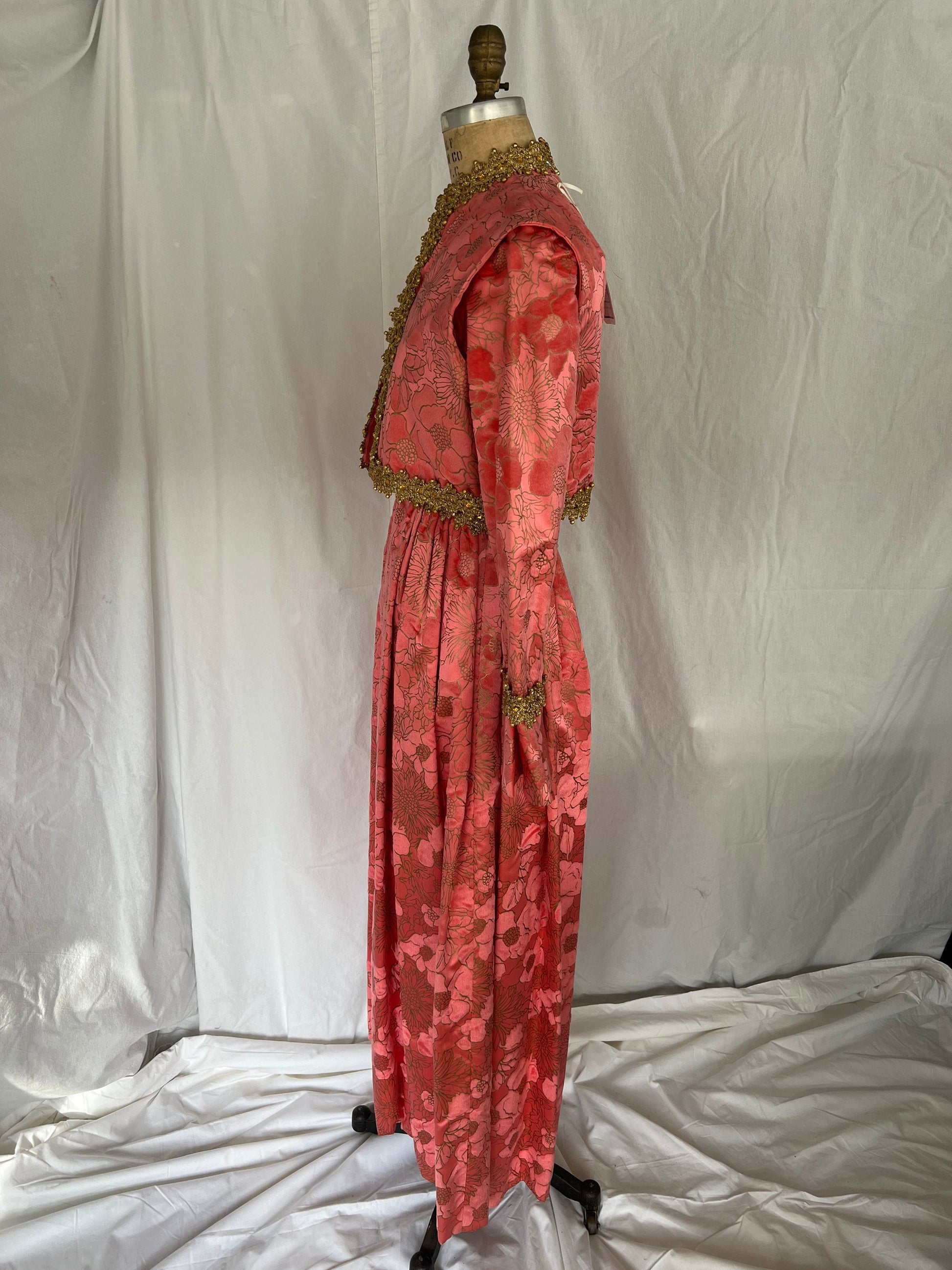 1960s Pink Silk Flocked Evening Gown