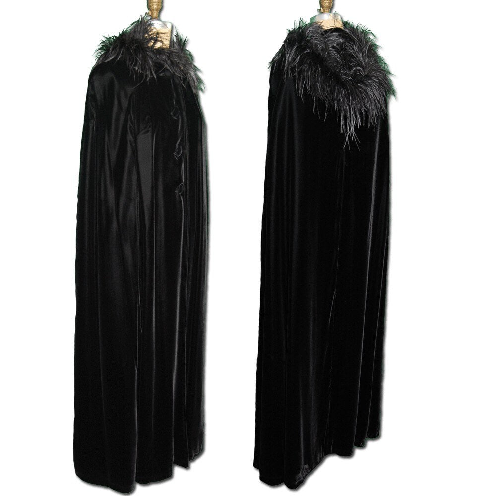 Vintage Black Velvet and Ostrich Feather Hooded Cape