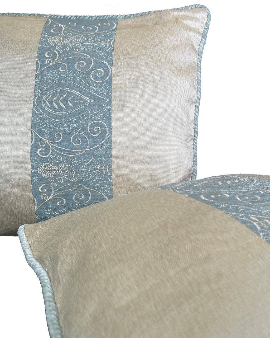 Pillow Cover, Set Of 2, Blue Embroidered Leaf Pattern Center Stripe, Cream Sides