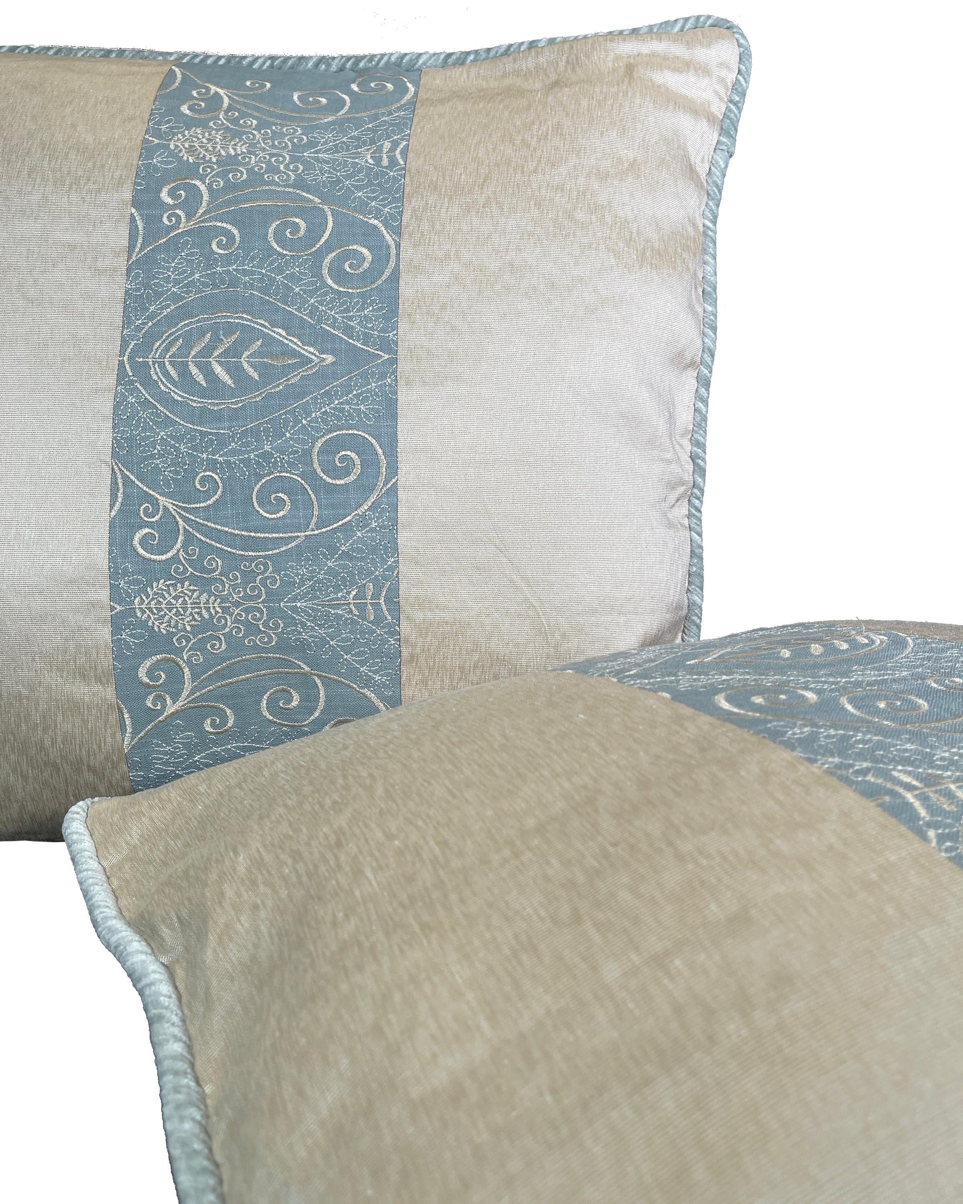 Pillow Cover, Set Of 2, Blue Embroidered Leaf Pattern Center Stripe, Cream Sides