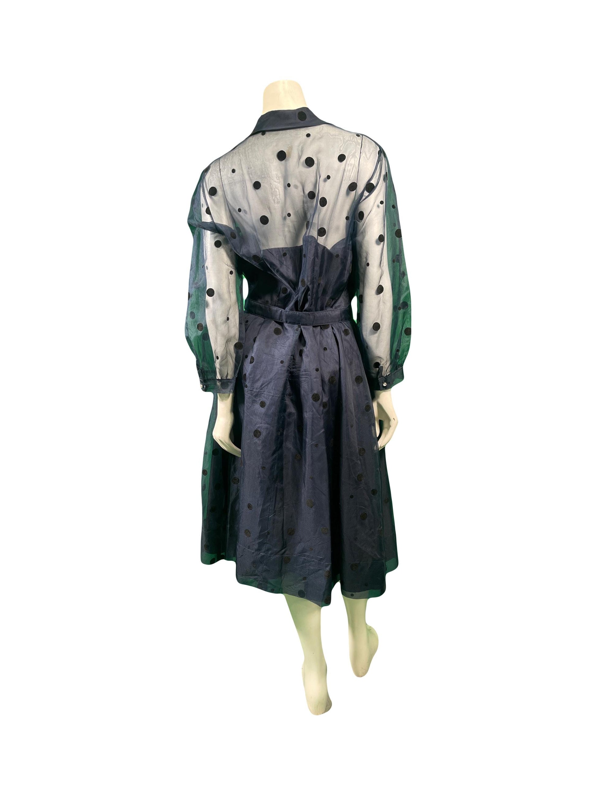 Navy Blue 1960s Sheer Dress with Polka Dots
