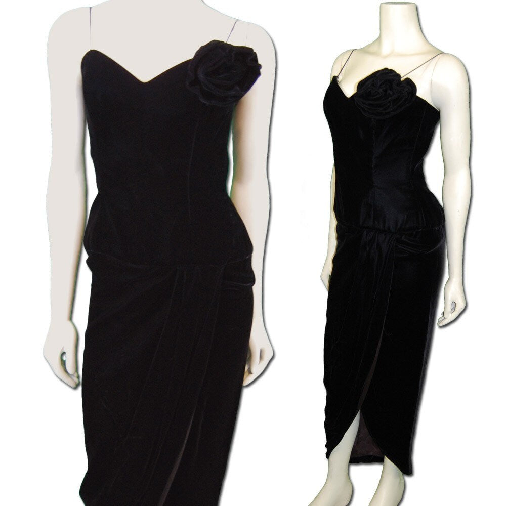 1980s Vintage After 5 Black Velvet Cocktail Dress