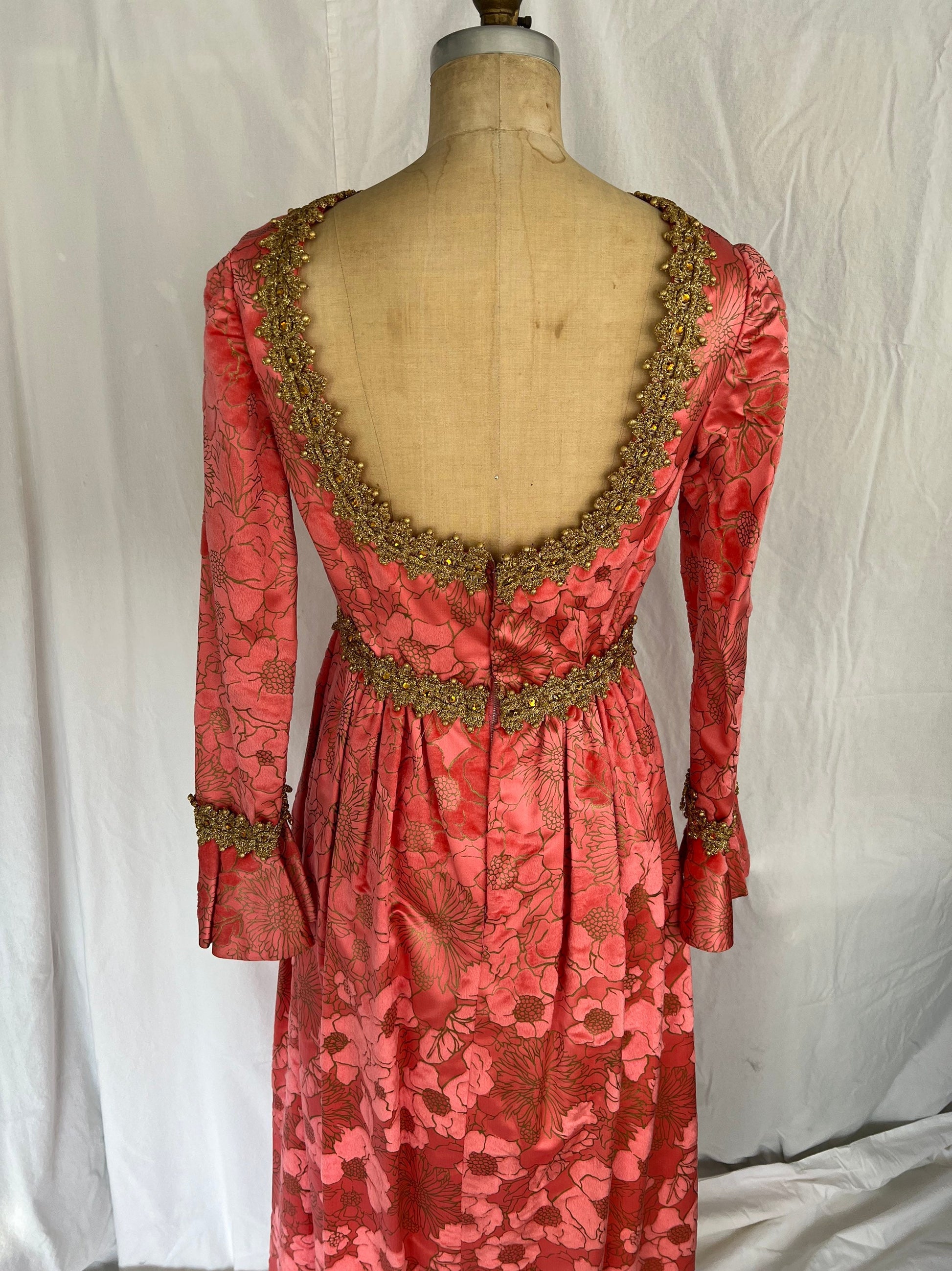 1960s Pink Silk Flocked Evening Gown