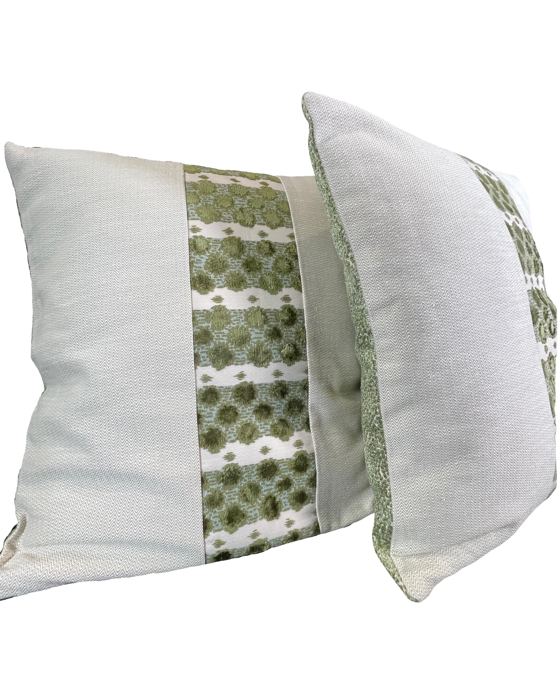 Pillow Cover, Set Of 2, Green Stripe & Bursts Center, Zig Zag Pattern Sides
