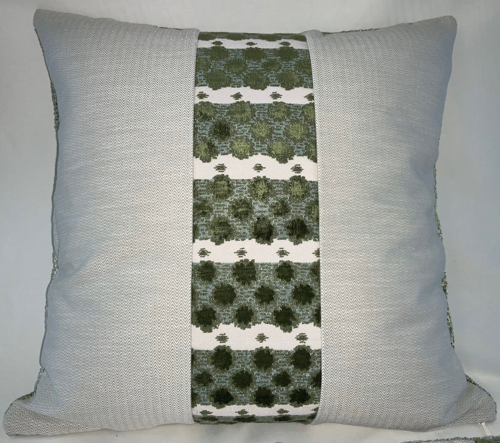 Pillow Cover, Set Of 2, Green Stripe & Bursts Center, Zig Zag Pattern Sides