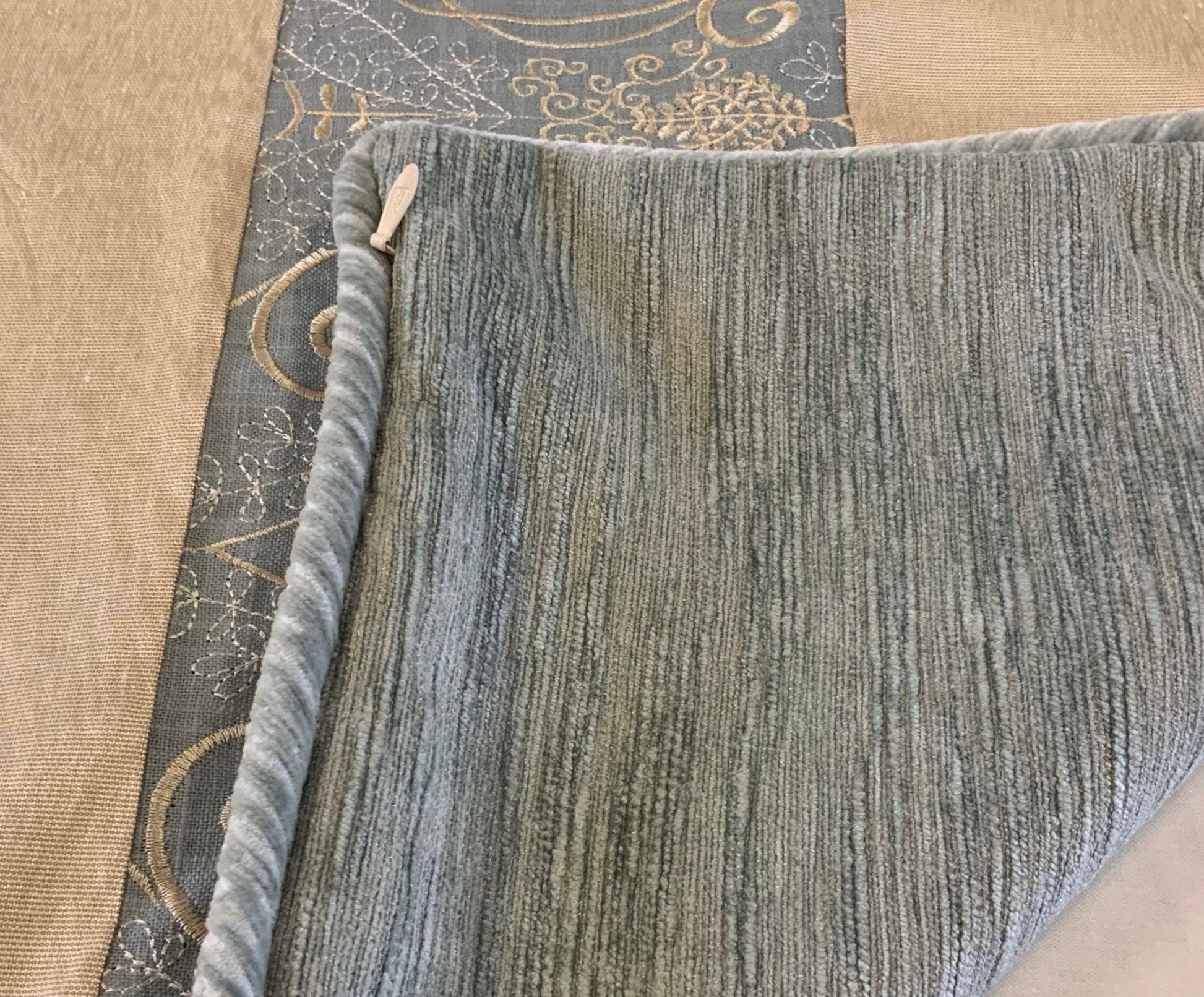 Pillow Cover, Set Of 2, Blue Embroidered Leaf Pattern Center Stripe, Cream Sides