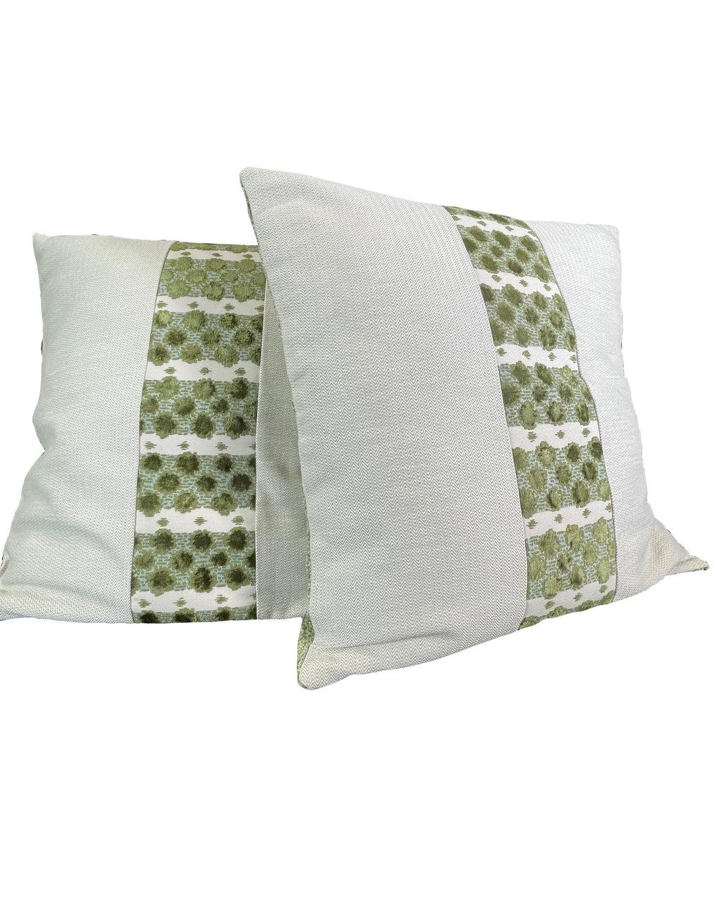 Pillow Cover, Set Of 2, Green Stripe & Bursts Center, Zig Zag Pattern Sides