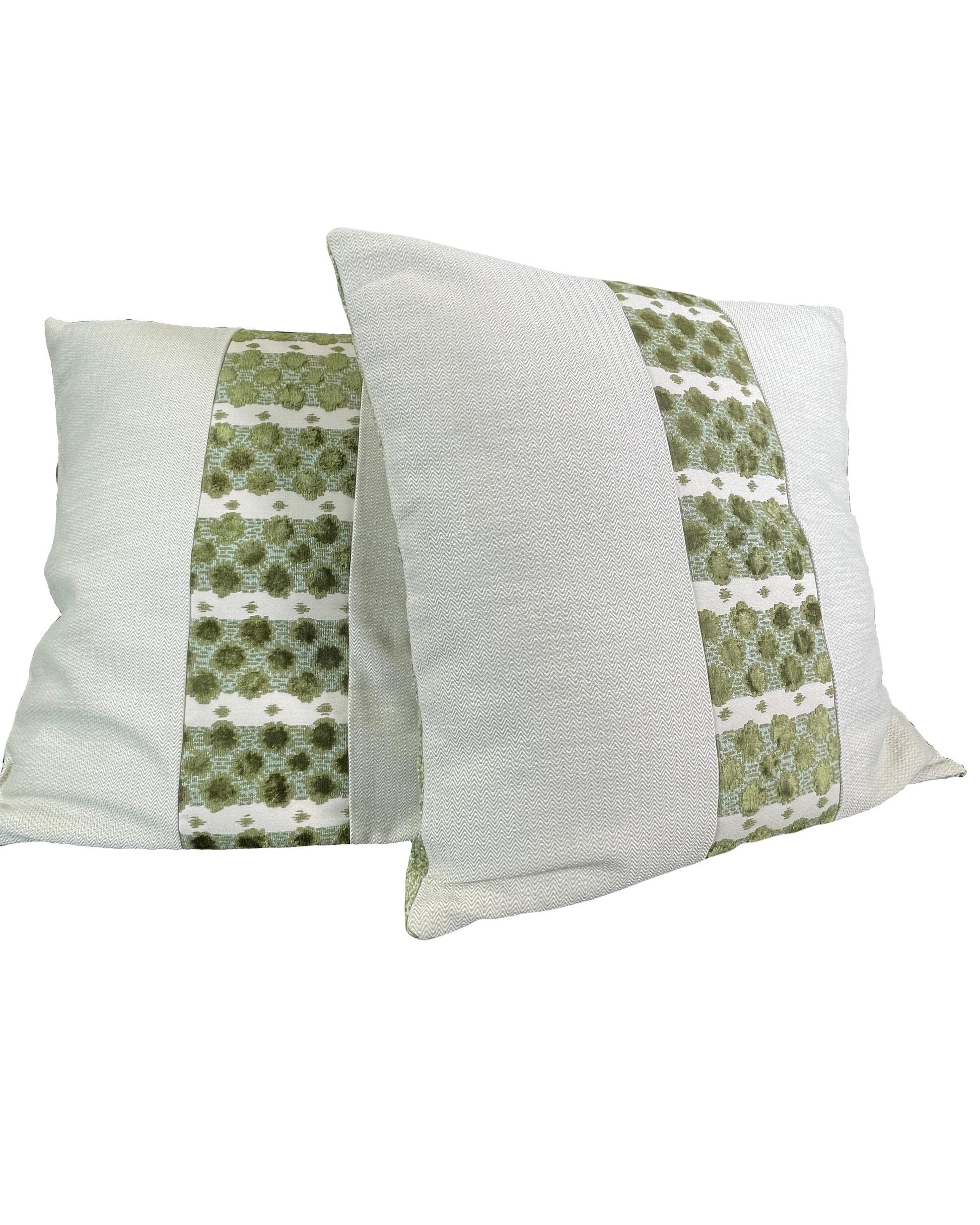 Pillow Cover, Set Of 2, Green Stripe & Bursts Center, Zig Zag Pattern Sides