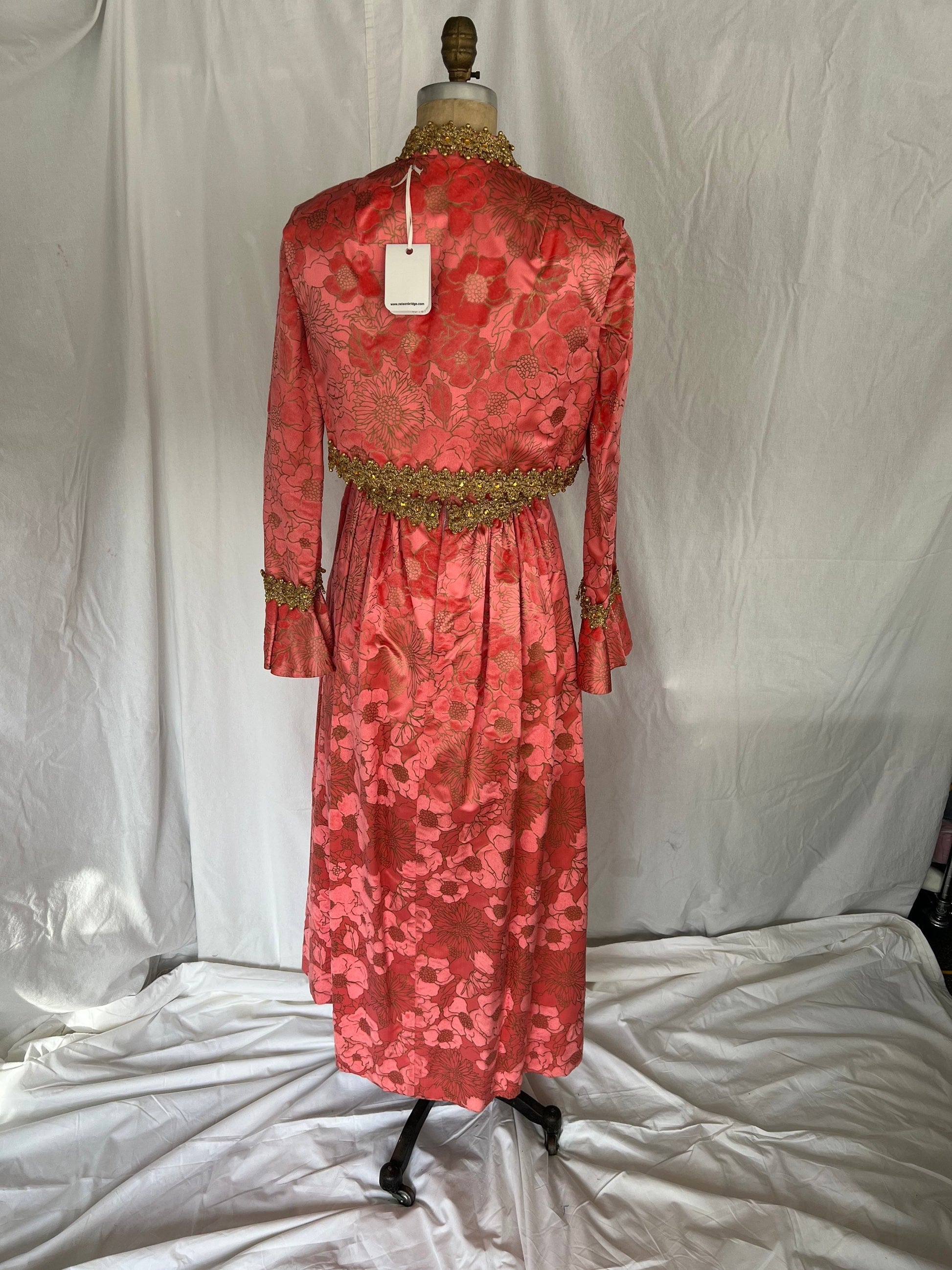 1960s Pink Silk Flocked Evening Gown