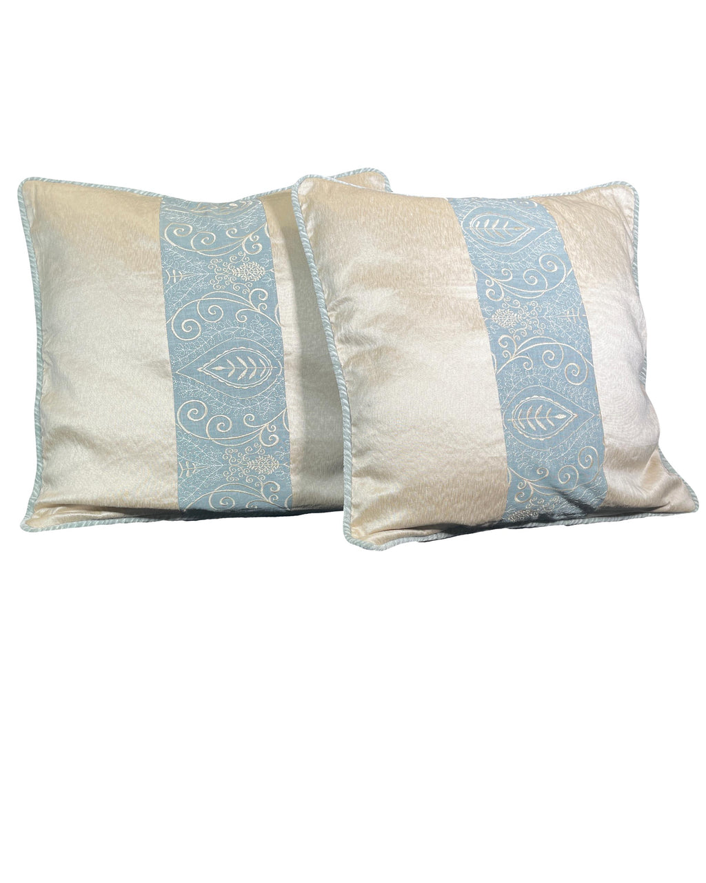 Pillow Cover, Set Of 2, Blue Embroidered Leaf Pattern Center Stripe, Cream Sides