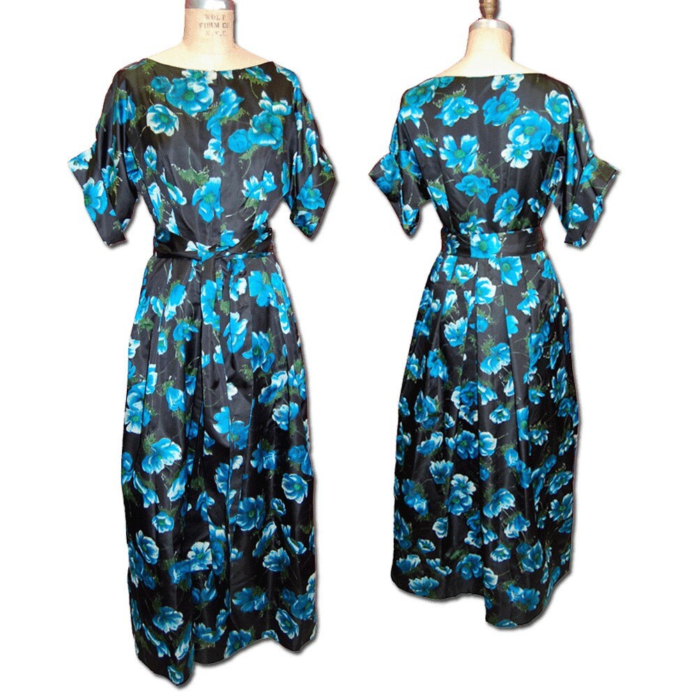 Black/Teal Silk Floral 1950’s Dress with Large Sash