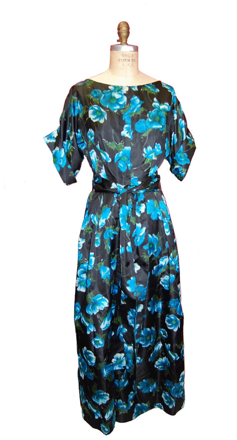 Black/Teal Silk Floral 1950’s Dress with Large Sash