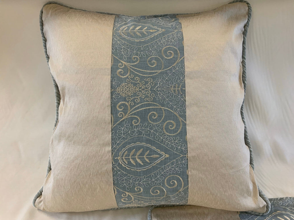 Pillow Cover, Set Of 2, Blue Embroidered Leaf Pattern Center Stripe, Cream Sides
