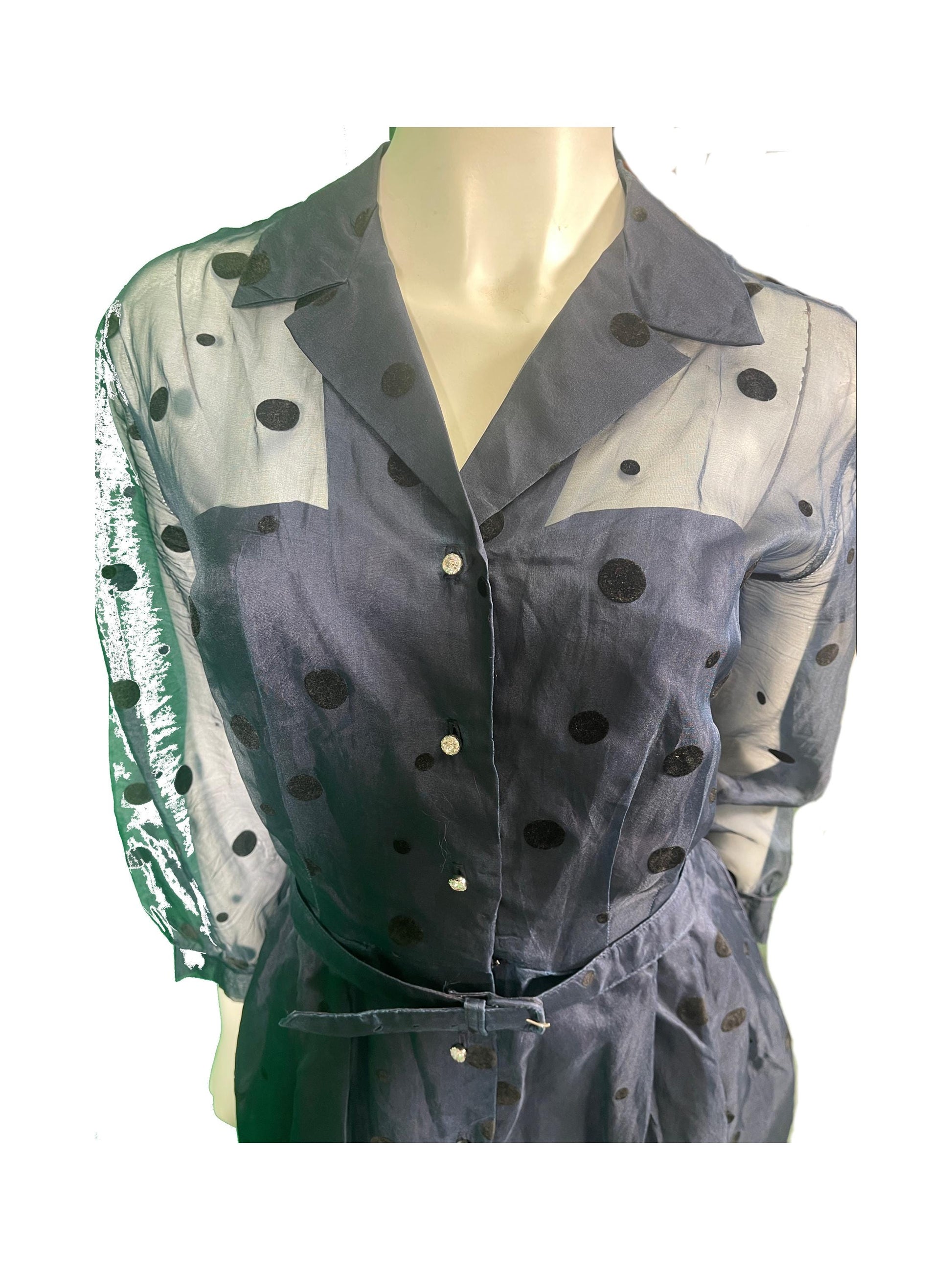 Navy Blue 1960s Sheer Dress with Polka Dots