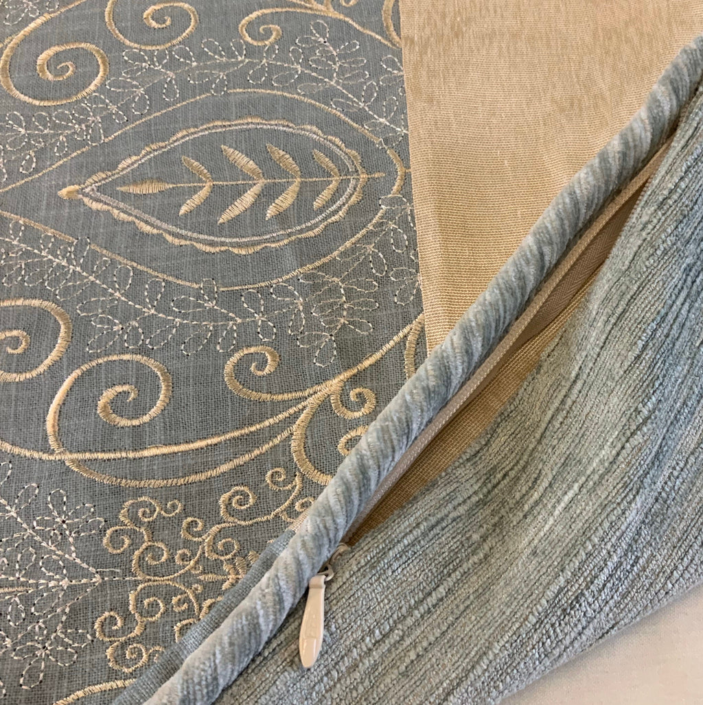 Pillow Cover, Set Of 2, Blue Embroidered Leaf Pattern Center Stripe, Cream Sides