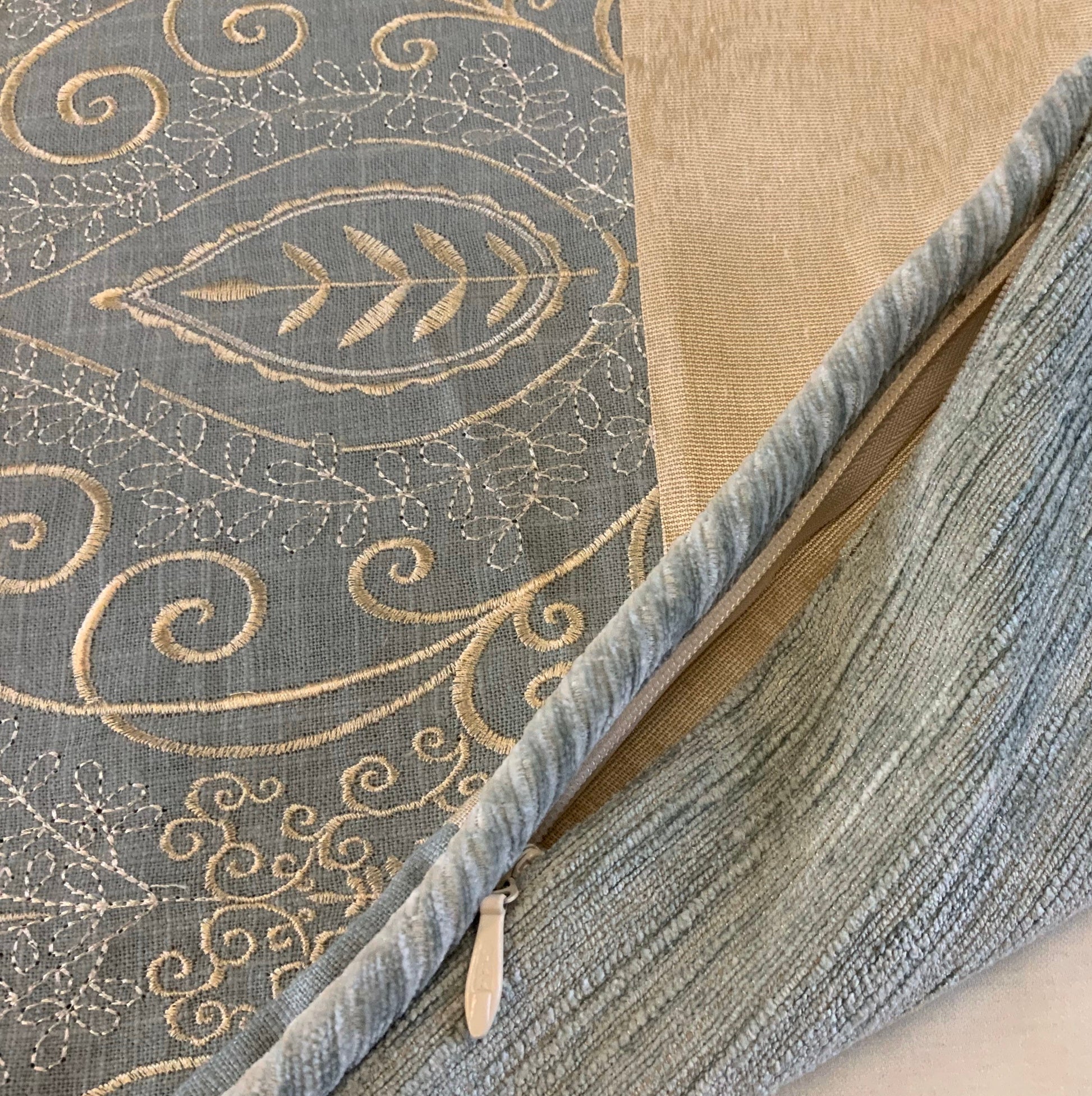 Pillow Cover, Set Of 2, Blue Embroidered Leaf Pattern Center Stripe, Cream Sides