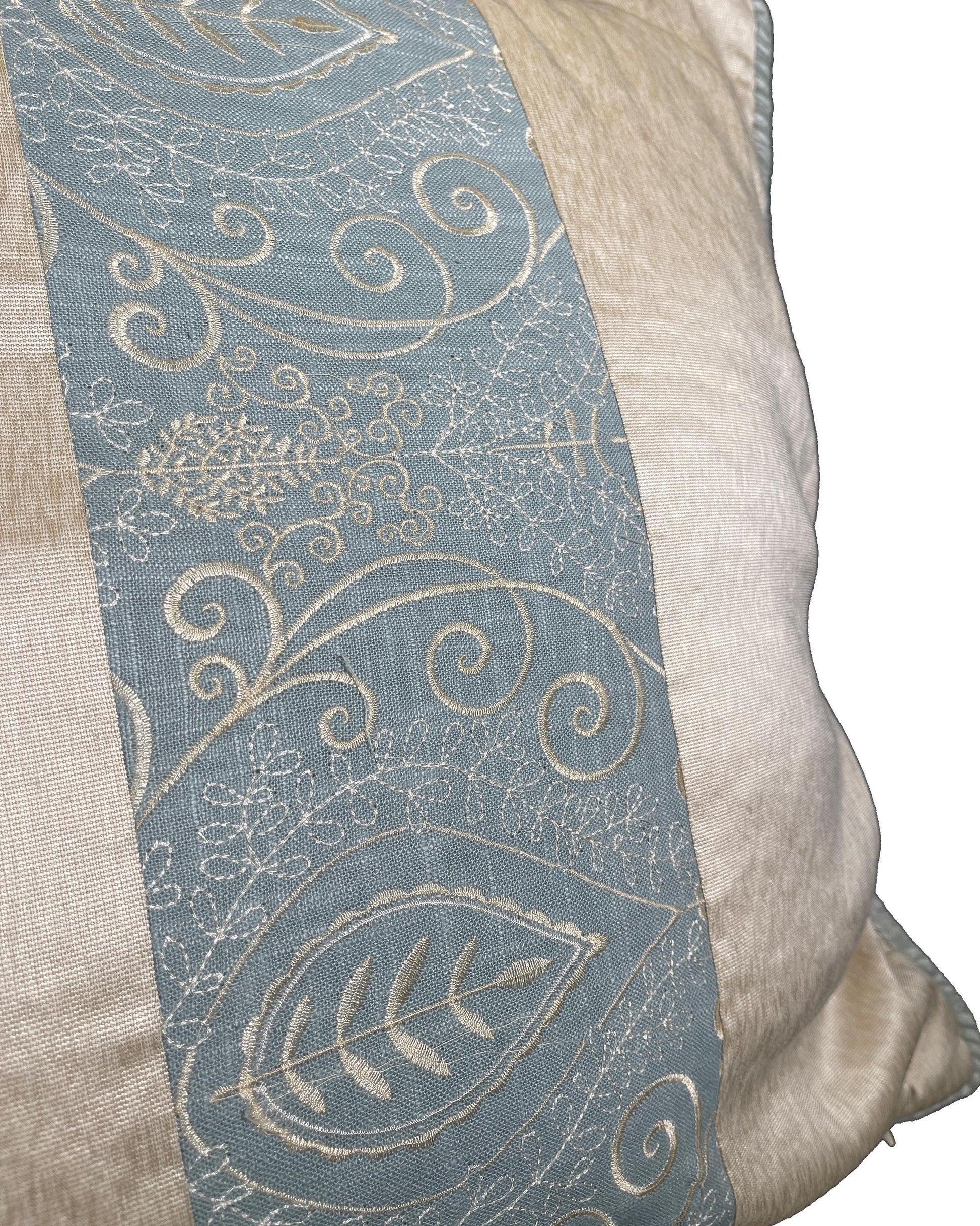 Pillow Cover, Set Of 2, Blue Embroidered Leaf Pattern Center Stripe, Cream Sides