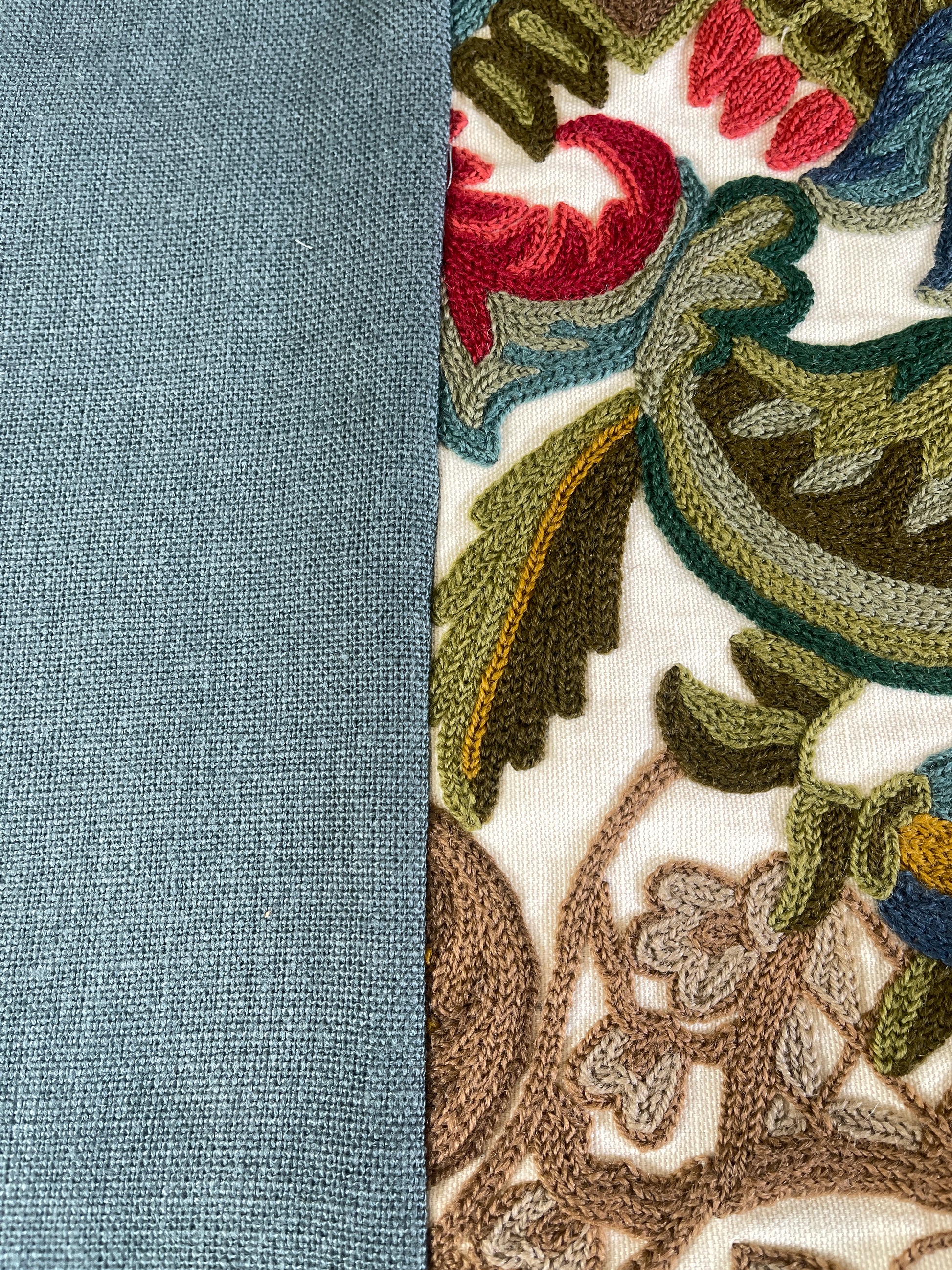 Singular pillow cover, Wool embroidery on linen ground