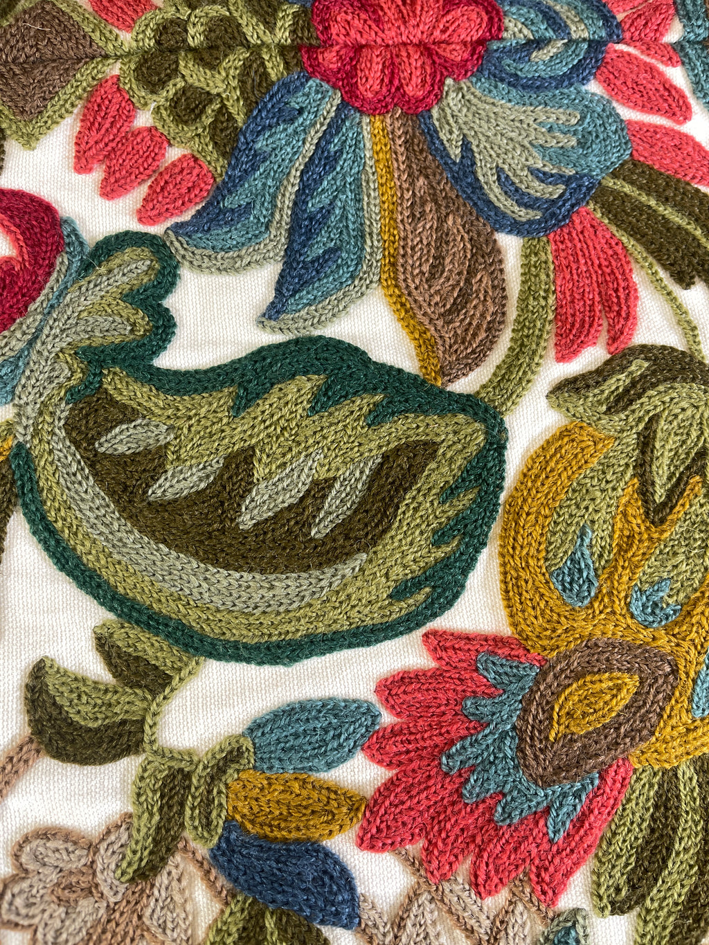 Singular pillow cover, Wool embroidery on linen ground