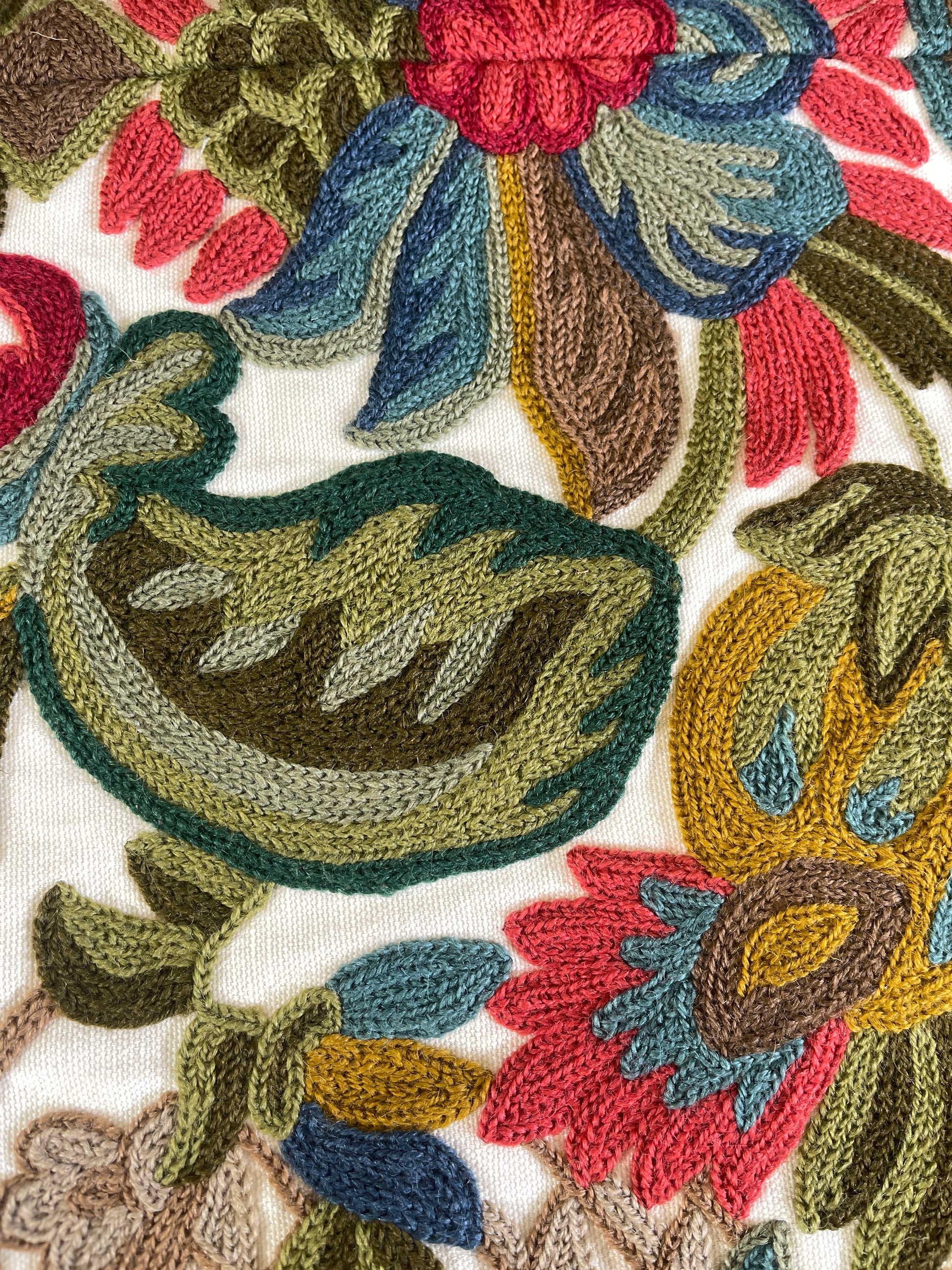 Singular pillow cover, Wool embroidery on linen ground