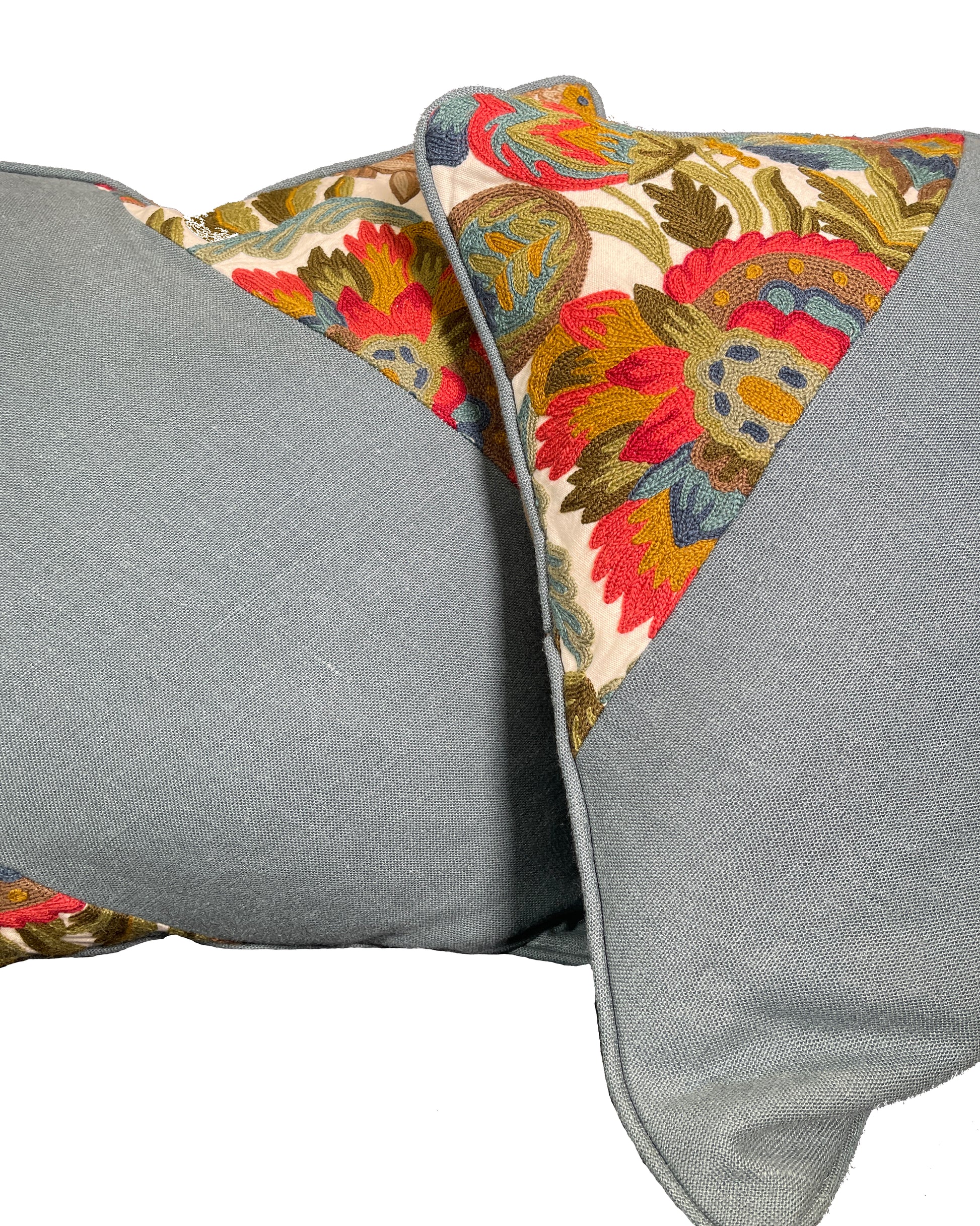 Pillow Cover, Set of 2, wool embroidery on linen ground