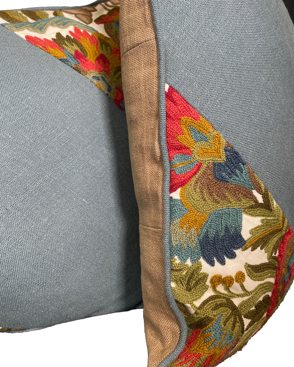 Pillow Cover, Set of 2, wool embroidery on linen ground