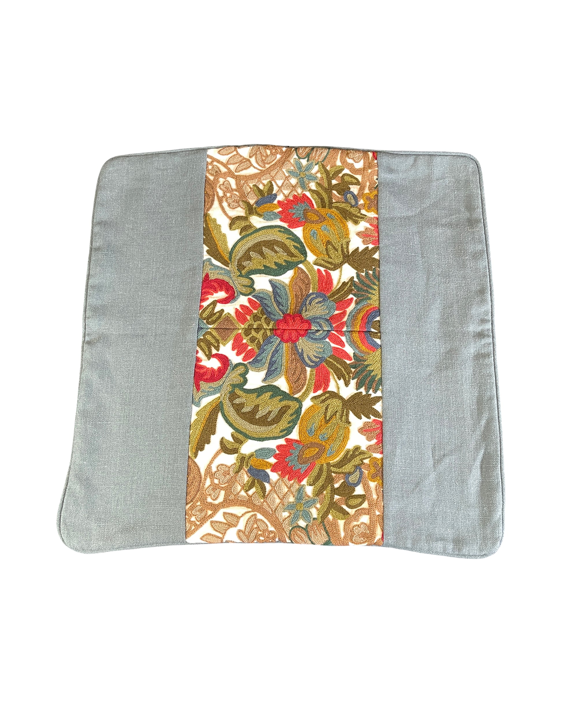 Singular pillow cover, Wool embroidery on linen ground