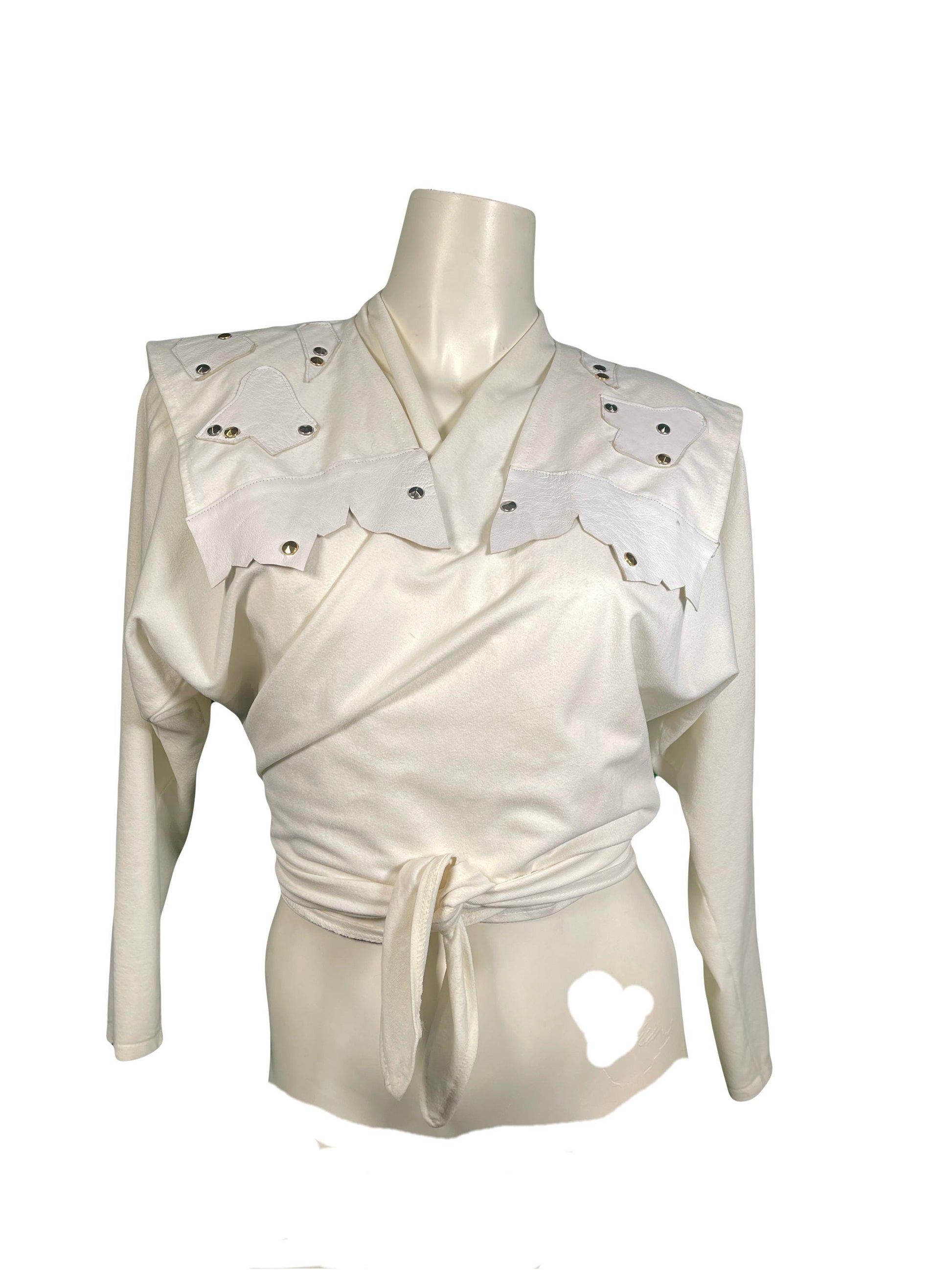90s Cotton Knit Wrap Top, Leather Epaulettes,Cut-out Back
