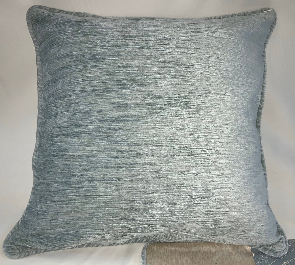 Pillow Cover, Set Of 2, Blue Embroidered Leaf Pattern Center Stripe, Cream Sides