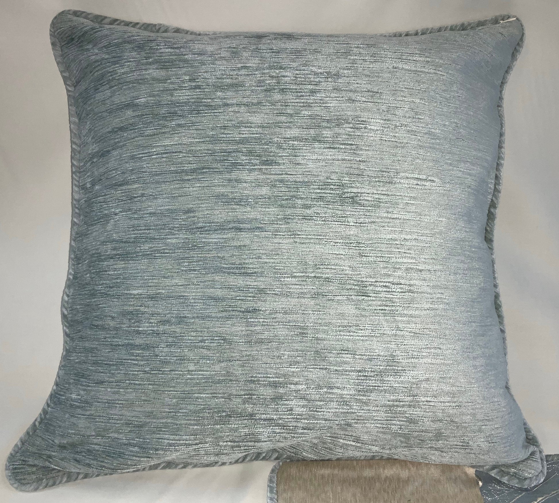 Pillow Cover, Set Of 2, Blue Embroidered Leaf Pattern Center Stripe, Cream Sides