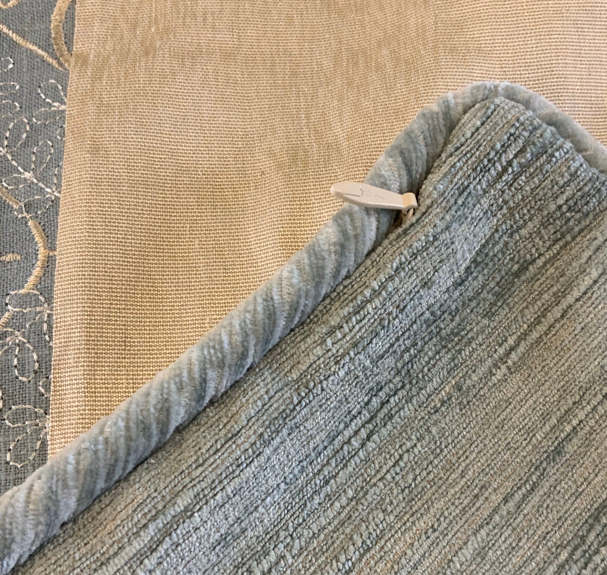 Pillow Cover, Set Of 2, Blue Embroidered Leaf Pattern Center Stripe, Cream Sides