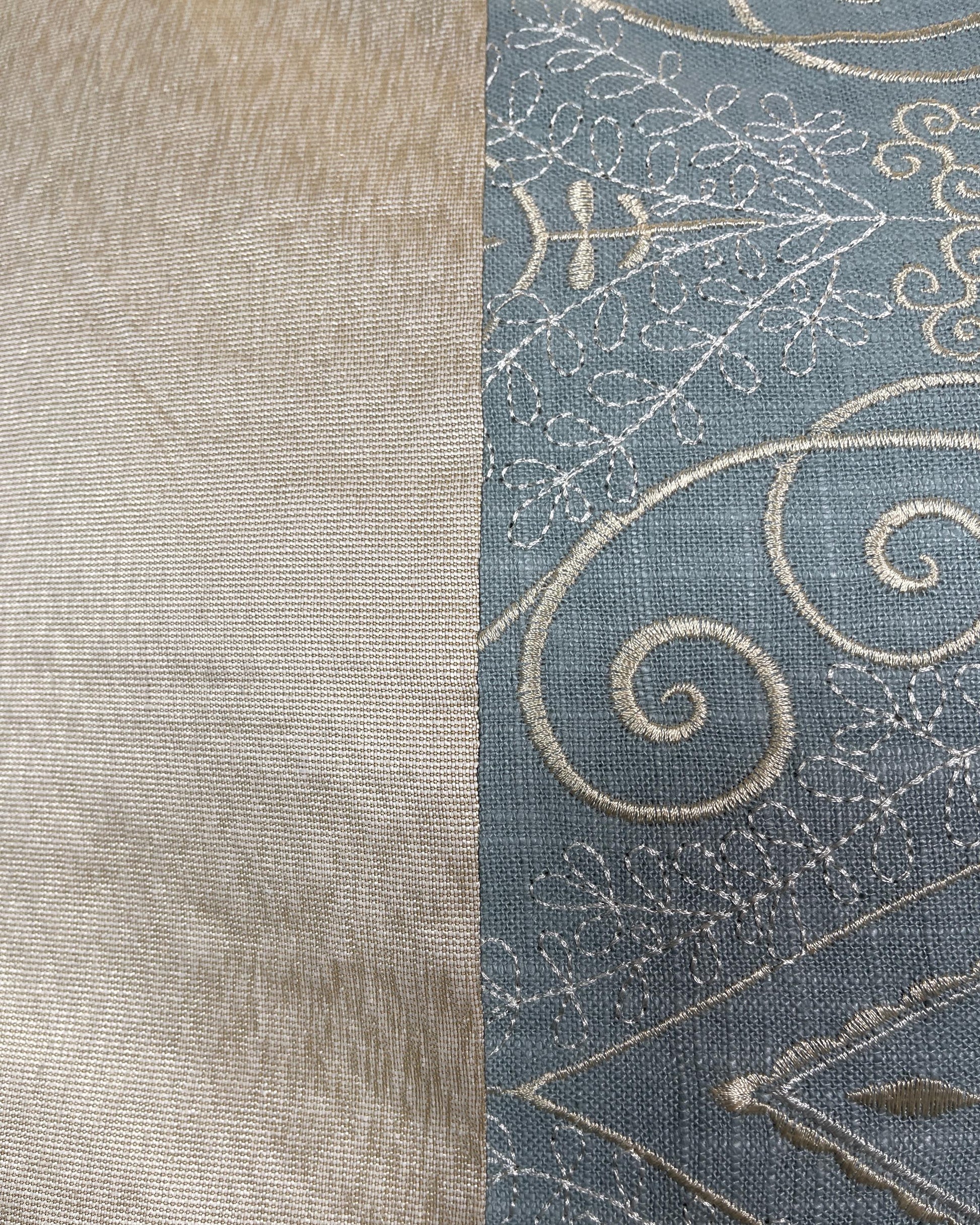 Pillow Cover, Set Of 2, Blue Embroidered Leaf Pattern Center Stripe, Cream Sides