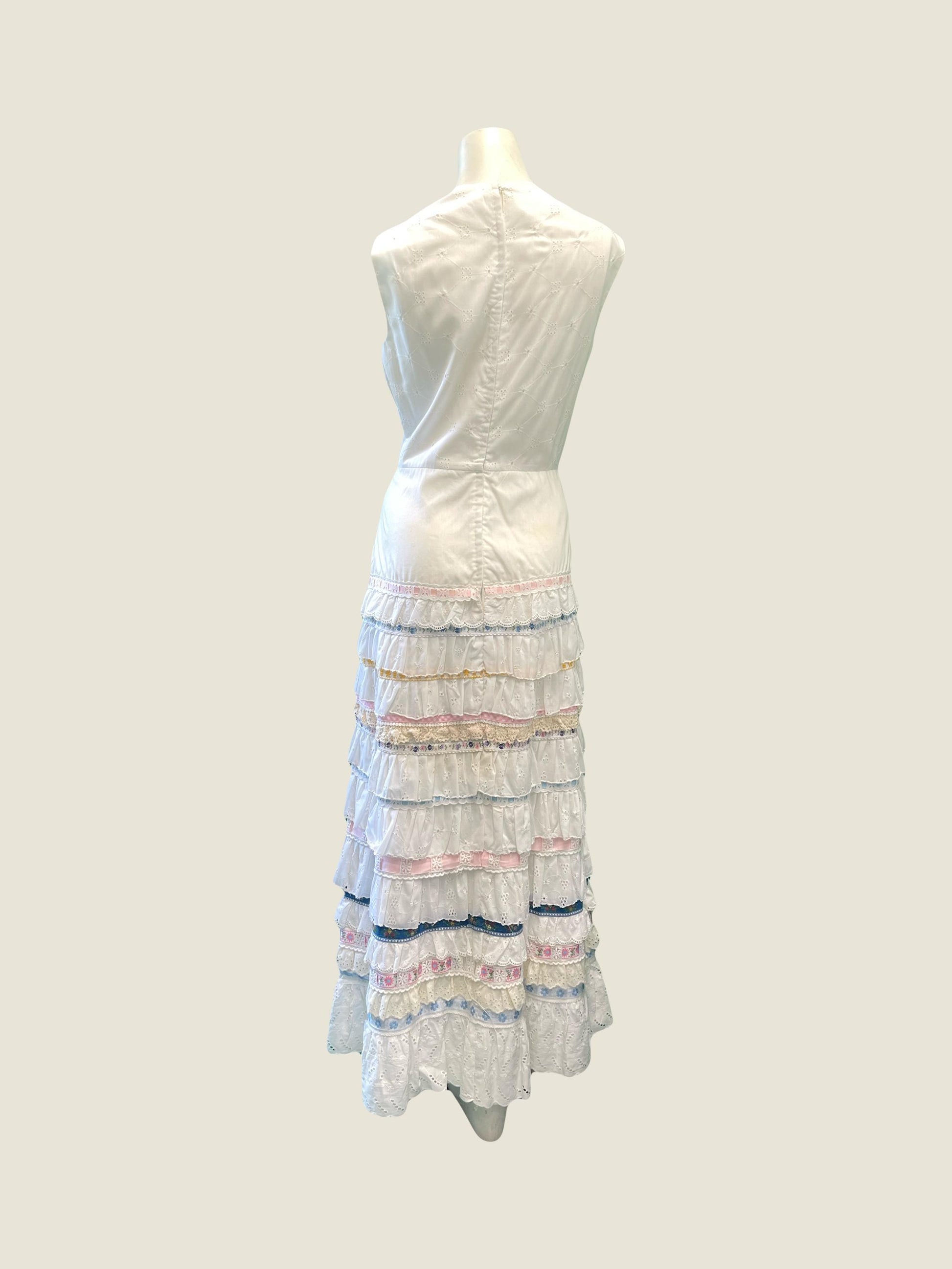 1970s Vintage Cotton Eyelet and Ribbon Maxi Dress