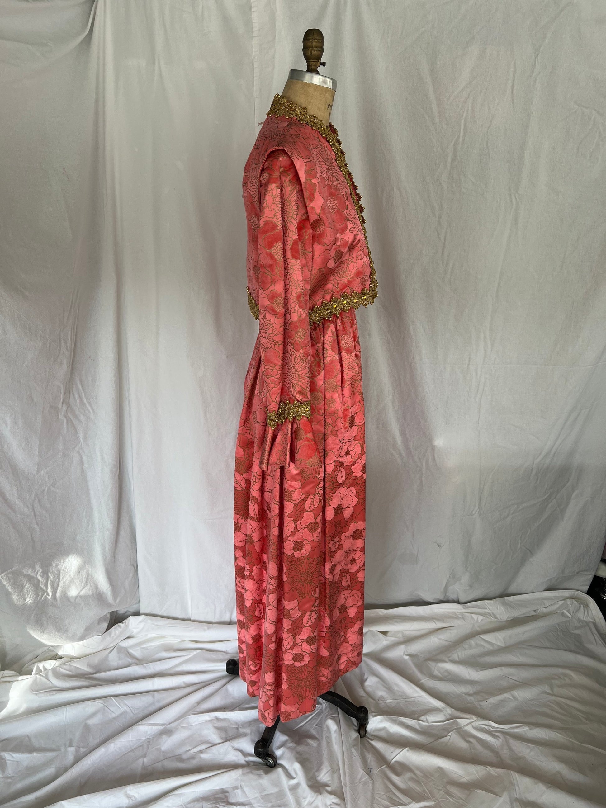 1960s Pink Silk Flocked Evening Gown