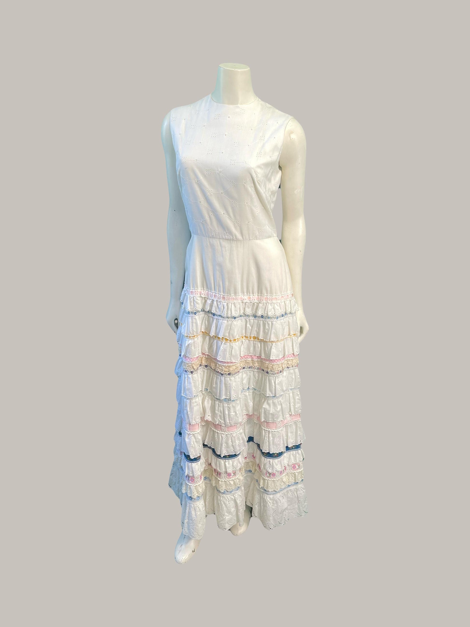 1970s Vintage Cotton Eyelet and Ribbon Maxi Dress