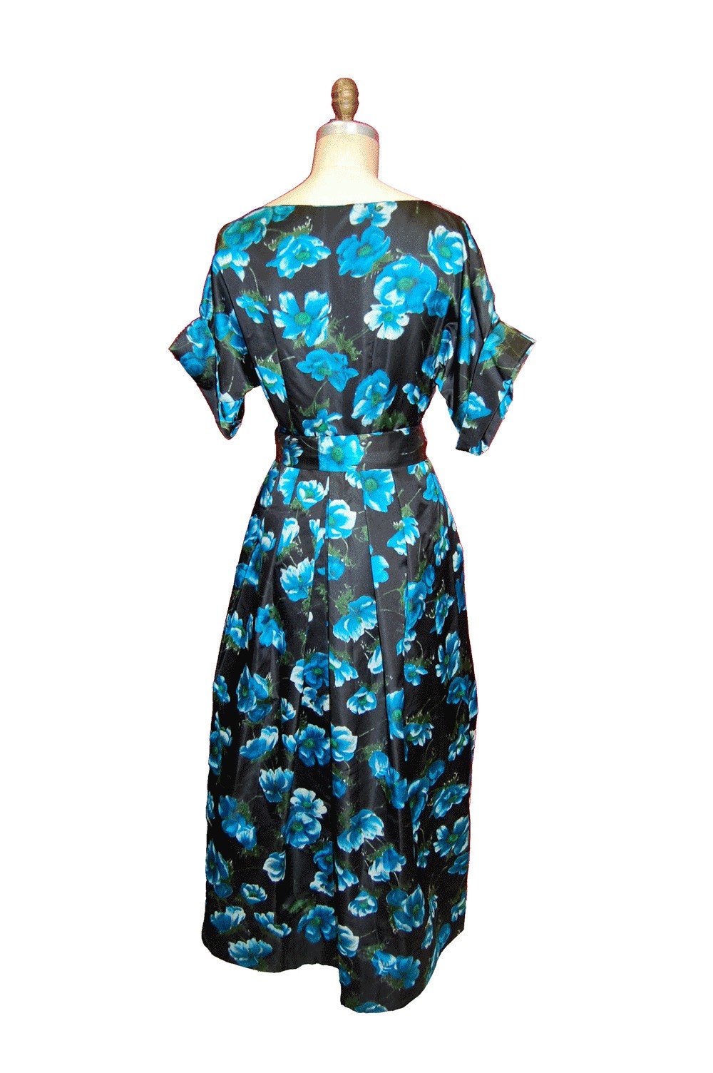 Black/Teal Silk Floral 1950’s Dress with Large Sash