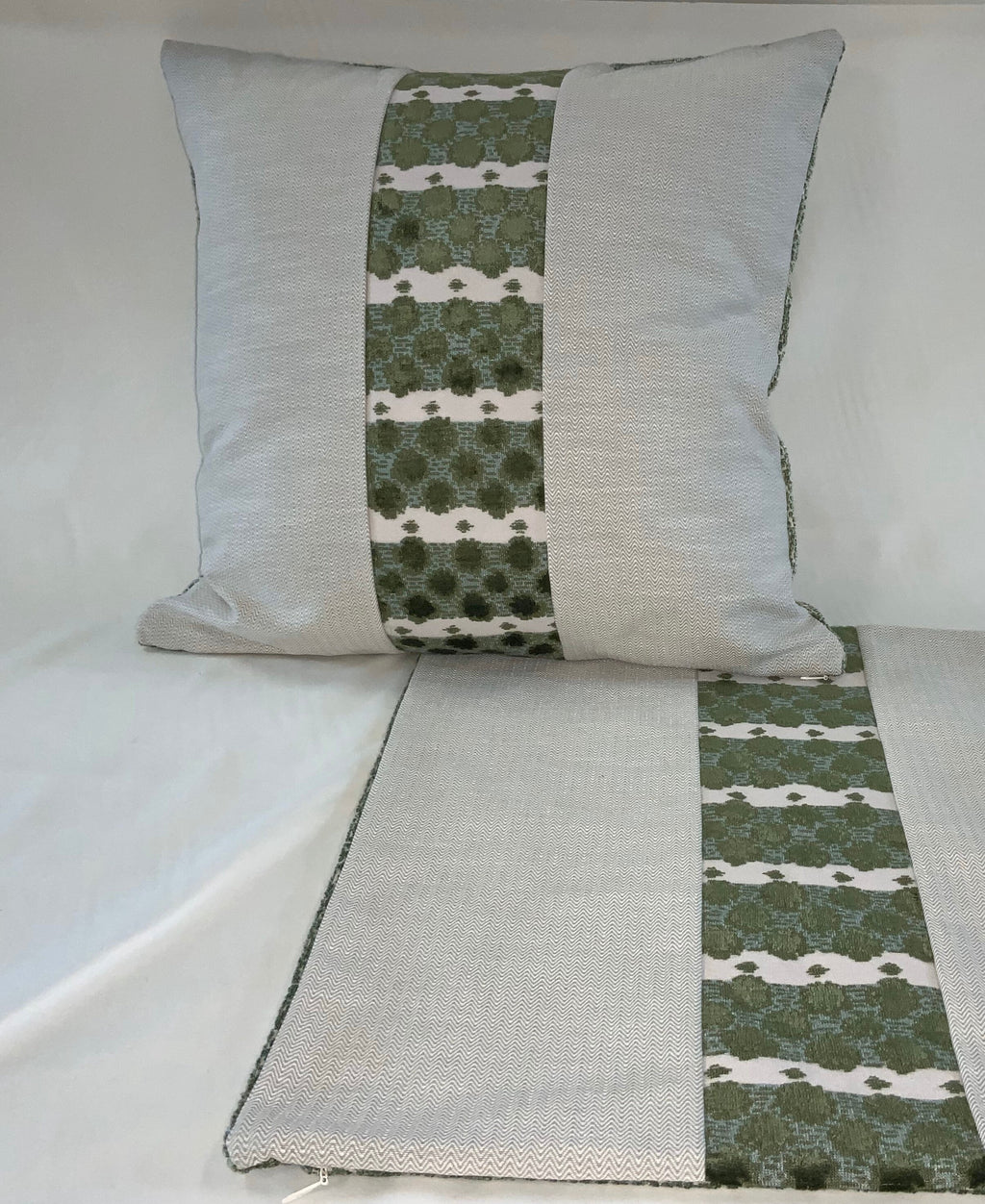 Pillow Cover, Set Of 2, Green Stripe & Bursts Center, Zig Zag Pattern Sides