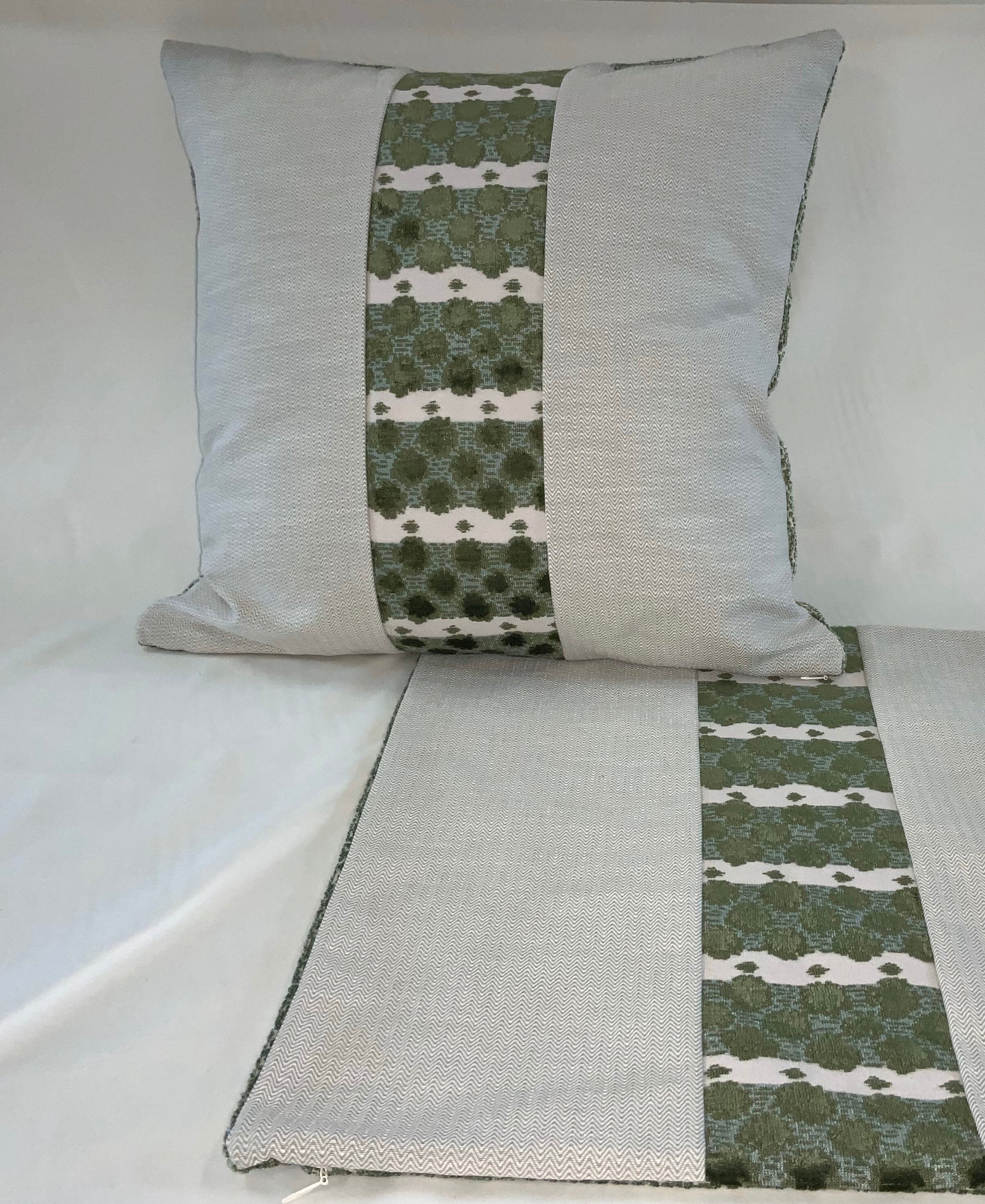 Pillow Cover, Set Of 2, Green Stripe & Bursts Center, Zig Zag Pattern Sides