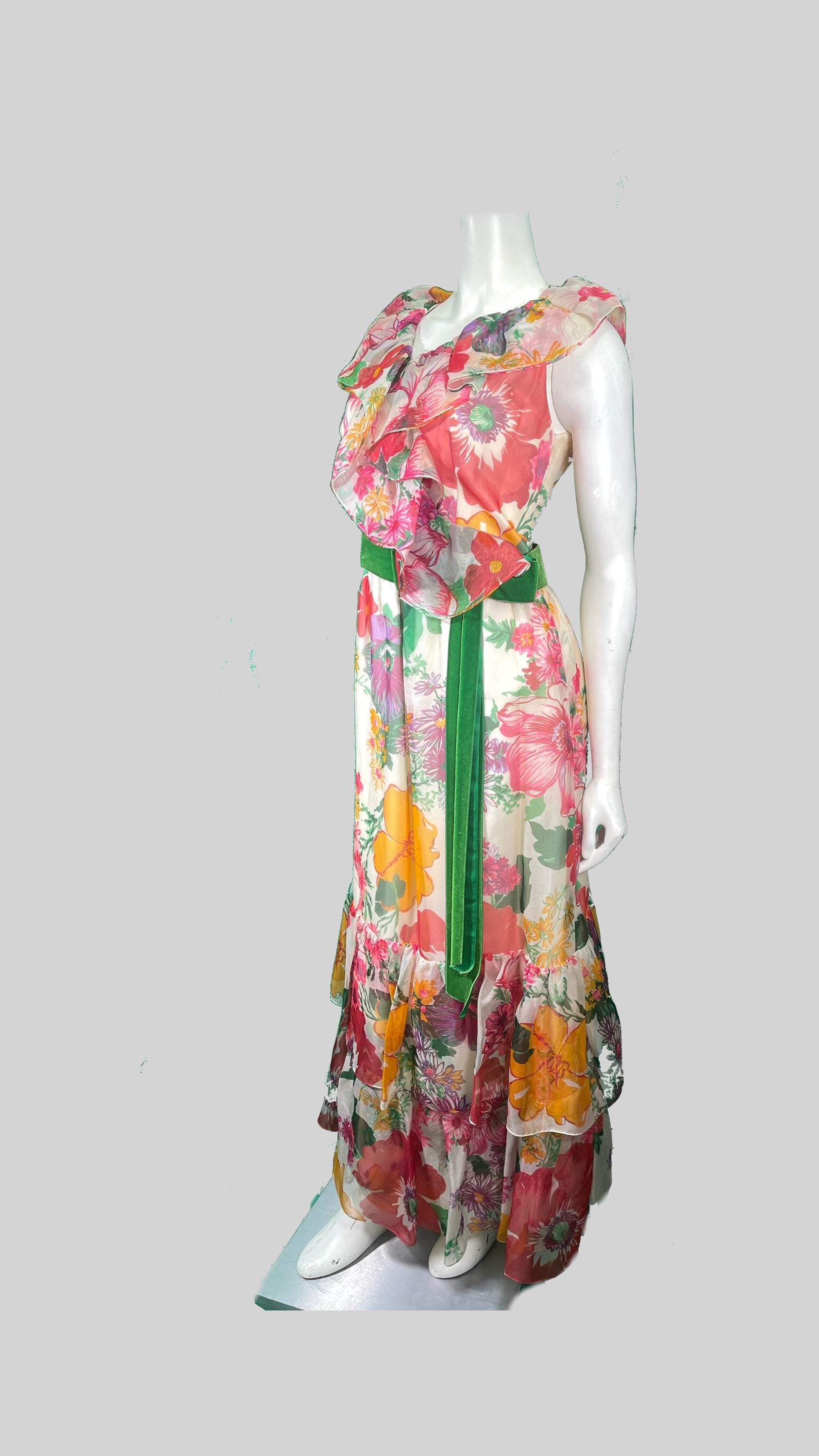 1970s Printed Silk Party Dress