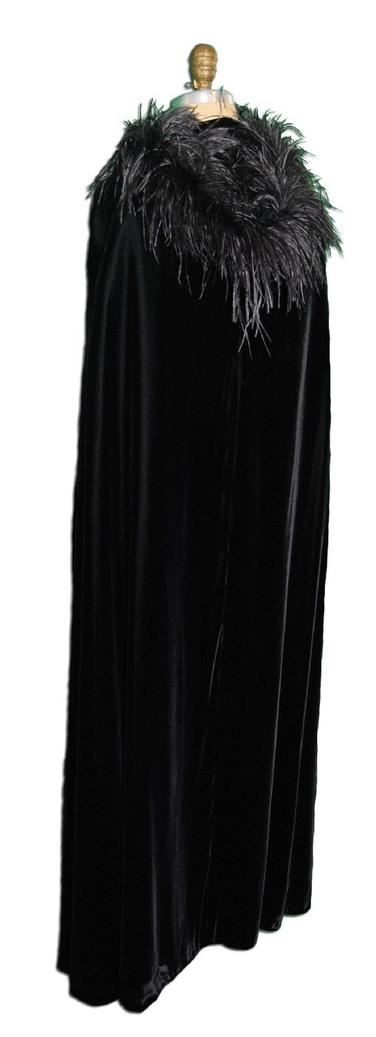 Vintage Black Velvet and Ostrich Feather Hooded Cape