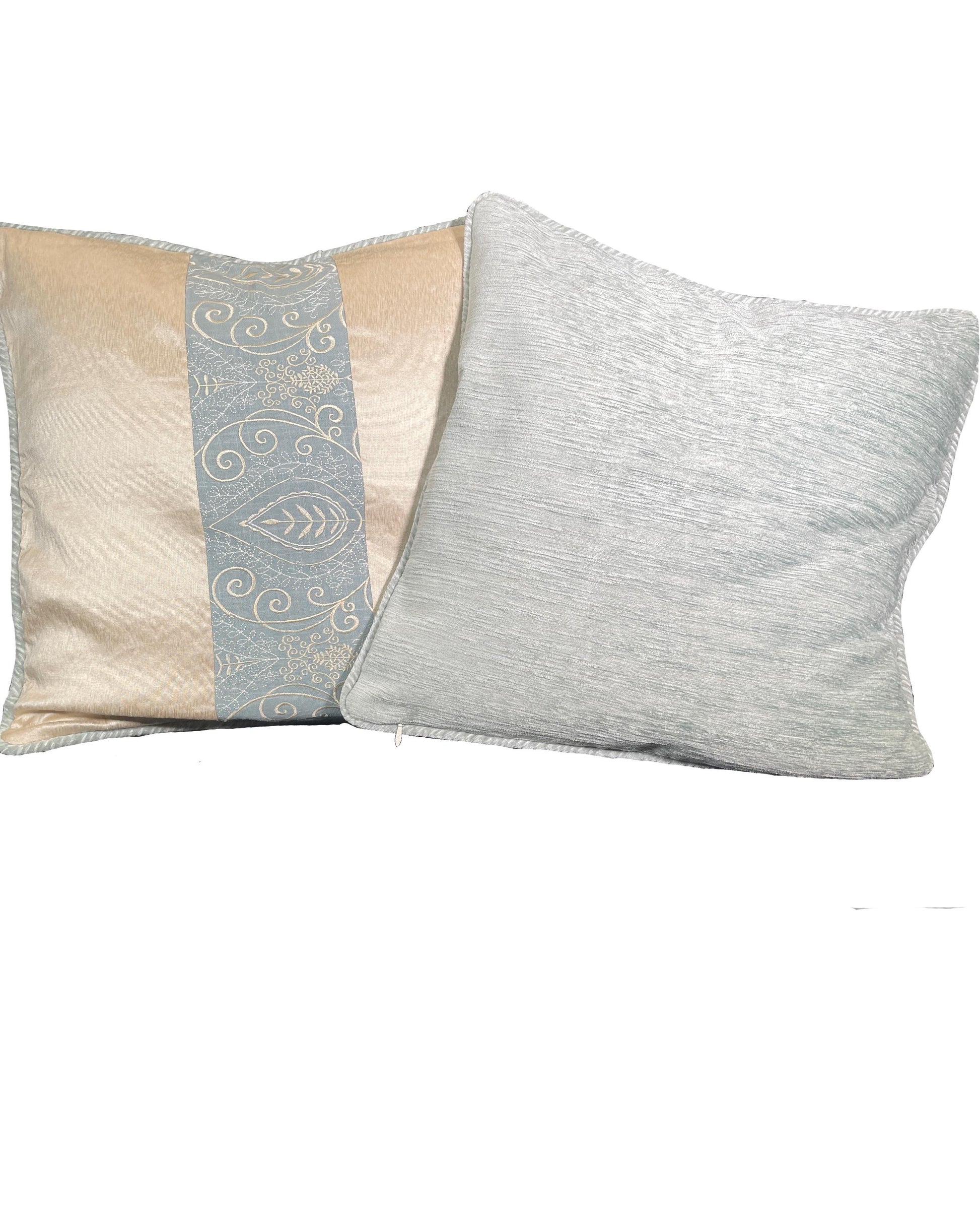 Pillow Cover, Set Of 2, Blue Embroidered Leaf Pattern Center Stripe, Cream Sides